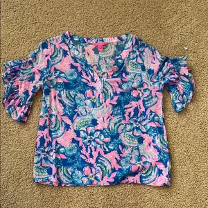 Lilly Pulitzer Pink and Blue Ruffled 3/4 Sleeve Blouse thumbnail 1