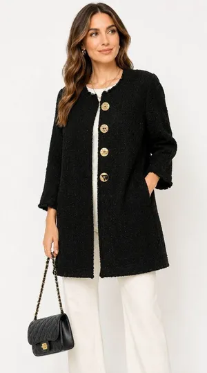 Zara Woman Black Tweed Boucle Long Jacket Coat Size L Gold Statement Buttons thumbnail 1