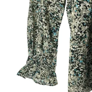 LOFT Pintucked Ruffle Mock Neck Floral Blouse Medium Black Green Cotton Boho Top thumbnail 5
