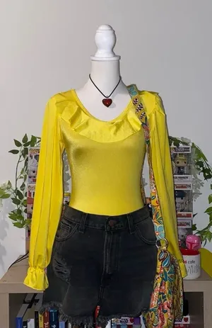 70s retro bohemian vintage style ruffle long sleeve ballet leotard bodysuit thumbnail 1