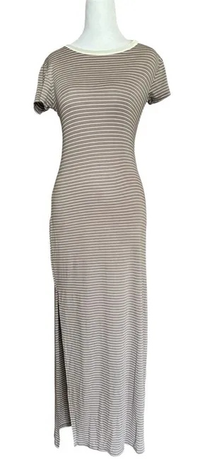 NWT Olivia Rae Maxi Dress Medium‎ Brown White Striped Side Slit Short Sleeve thumbnail 1