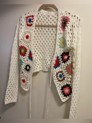 Debut Womens S Small Cardigan White Crochet Granny Squares Boho Festival Cottage thumbnail 1