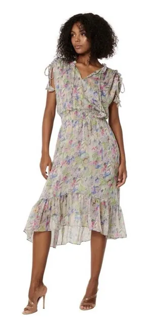 MISA Los Angeles Dress Small Watercolor Floral Midi Smocked Rainbow Boho #BB13-1 thumbnail 1