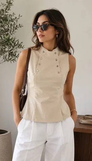 Zara Cream Military Button Peplum Top Sleeveless High Neck Minimalist NWT M thumbnail 1
