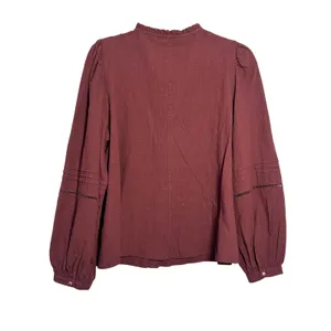 Zara Burgundy Embroidered Cotton Blouse Ruffle Neck Boho Top L 7200/228/681 thumbnail 7
