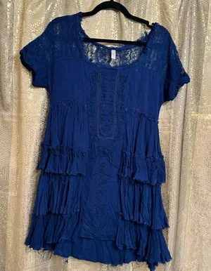 Free People Navy Blue Tiered Distressed Boho Lace Embroidered Dress Small thumbnail 1