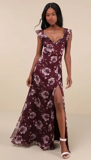 NWT Lulus Sweetest Entrance Plum Purple Floral Ruffled Tie-Back Maxi Dress Sz S thumbnail 1