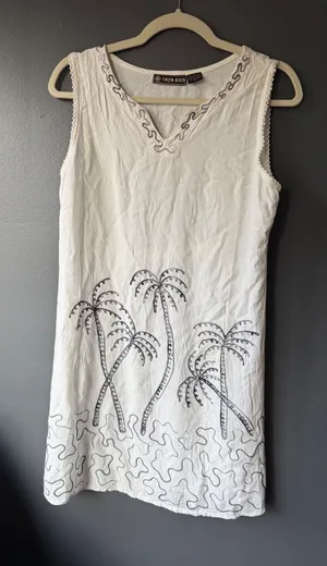 Raya Sun White Sleeveless Dress with Sequin Palm Tree Embroidery Size M thumbnail 1