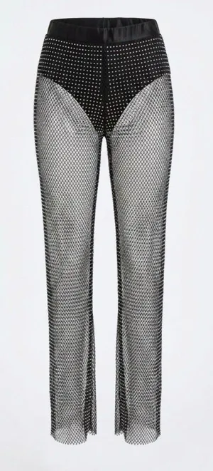 PRIVY Black Sheer Mesh Wide Leg Pants Rhinestone Crystal Fishnet thumbnail 1