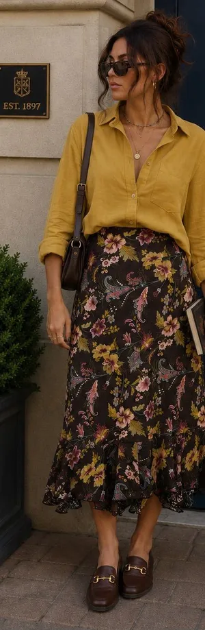 Reversible Floral Animal Midi Skirt 32” L Green Brown Fall Boho Indie Academia thumbnail 1