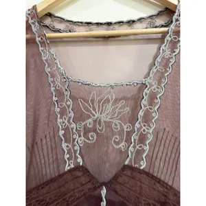 Vintage Style Sheer Mesh Embroidered Lace Trim Dress Brown Silver Size S thumbnail 5