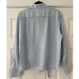 Reformation Blue White Striped Linen Tie Front Button Down Shirt Large thumbnail 3