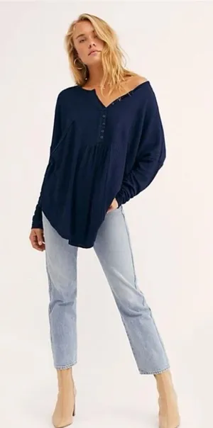 Free People Leo Henley Long Sleeve Top Blue Waffle Knit Oversized Boho Size S thumbnail 1
