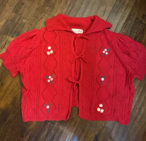 Hazel Moon Tie Front Floral Embroidered Cardigan Sweater Red Short Sleeve Large thumbnail 1