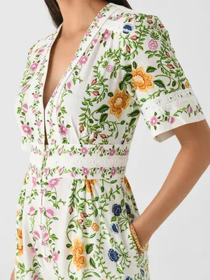 The Farm Rio Folk Floral Jumpsuit features a vibrant print with short sleeves, a V-neckline, and a relaxed, wide-leg silhouette. thumbnail 6