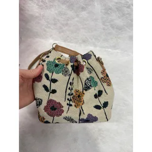 Floral Tapestry Bucket Bag Drawstring Crossbody Tan Faux Leather Trim Boho thumbnail 3