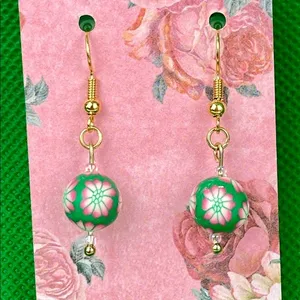 Green And Pink Flower Gold Plated Pierced Earrings thumbnail 1
