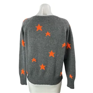 360 Cashmere Women's Gray Orange Star Knit Long Sleeve Round Sweater Top Size S thumbnail 3