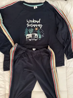 Joy Women's Striped Graphic Pajama Set Navy Multicolor Long Sleeve L (12-14) thumbnail 1