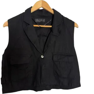 Zara Black Linen Cropped Sleeveless Collared Button Blazer Vest Size Small thumbnail 4