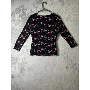Vintage Y2K Black Pink Rose Floral Mesh V Neck Long Sleeve Top Fairy Grunge S thumbnail 3