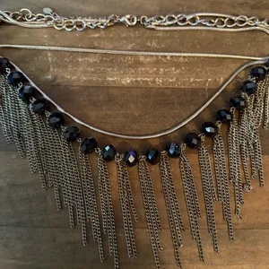 Gold tone multi strand black faceted bead fringe necklace thumbnail 2