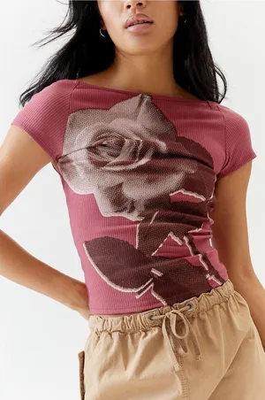 UO Nadia Rose Print Low Open Back Top M Pink Mauve Ribbed Knit ASO Bel-Air Amira thumbnail 1
