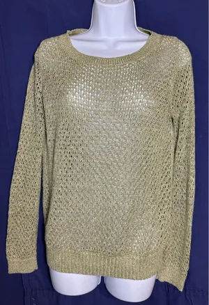 Guinevere Anthropologie Hemp Blend Open Knit Sweater Olive Gold Metallic Medium thumbnail 1
