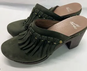 Dansko Fringe‎ Mules Sz 9 EU 42 Olive Green 3” heel New thumbnail 1