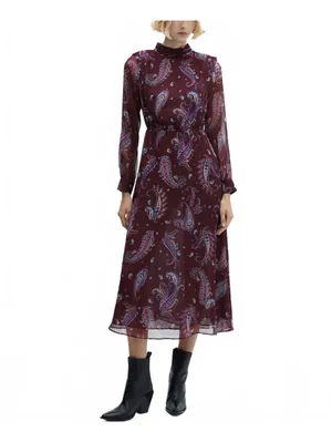 Mango Long Sleeve Flowy Paisley-Print Dress Midi Sandy Maroon NWT Size 2/XS thumbnail 2