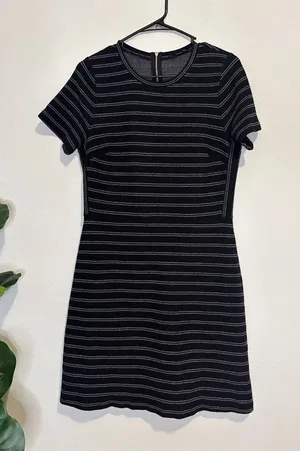 Madewell Black Striped Short-Sleeve Mini Dress Large thumbnail 1