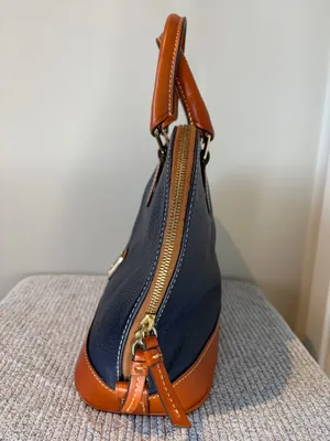 Dooney & Bourke Pebbled Leather Dome Satchel Bag Navy Blue Brown Trim thumbnail 5