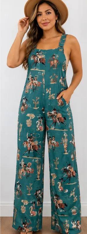 Teal Western Print Wide-Leg Jumpsuit thumbnail 1