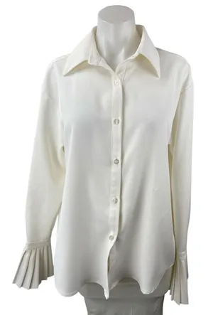 Commense Womens White Long Bell Sleeve Pleated Button Up Blouse Shirt Top Size S thumbnail 1