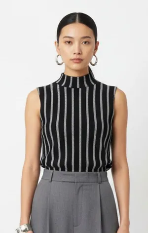 Anthropologie Moth Gray & White Striped Mock Turtleneck Sleeveless Knit Top S thumbnail 1