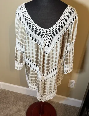 Umgee Beige Tie Dye Crochet Tunic Top Boho Hippie Festival 1X thumbnail 1
