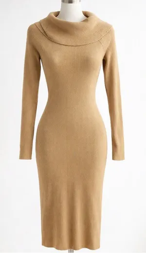 Almost Famous Camel Ribbed Turtleneck Fall Fitted Quiet Luxury Bodycon Dress L thumbnail 1