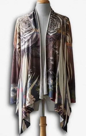 BLEU Floral Rose Print‎ Draped Open Front Waterfall Cardigan Brown Cream Small thumbnail 1