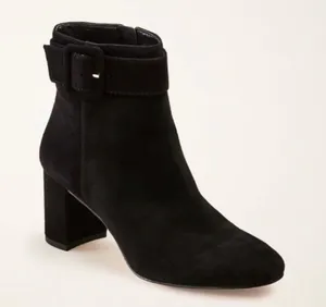 Ann Taylor Black Suede Nettie Buckle Heeled Bootie Boots Heels thumbnail 1
