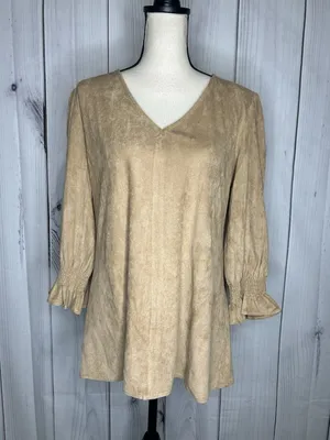Aryeh Tunic Top Faux Suede Tan Camel V-Neck Smocked Ruffle Cuff Sz L Boho Chic thumbnail 1