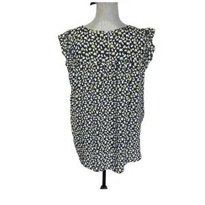LOFT Women's Black, White, Yellow Lemon Print Flutter Cap sleeve top--Sz Med thumbnail 3