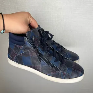 Cloud Footwear Blue Plaid Leather High Top Zip Sneakers Made in Portugal EU 40 thumbnail 1