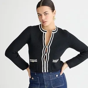 J.Crew Womens Emilie Black Ivory Tipping Preppy Knit Sweater Lady Jacket S BX470 thumbnail 1