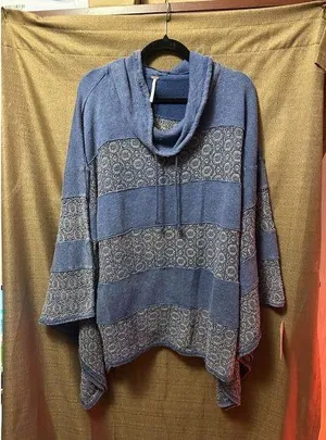 NWT Free People Crochet-Lace French Terry Poncho Distressed Size Medium Blue thumbnail 1