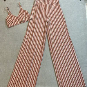 Boohoo 2 Piece Set Women US 4 Brown White Striped Crop Top Wide Leg Pants Boho thumbnail 1