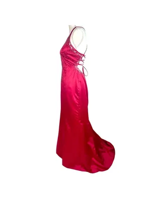 Dave & Johnny VTG Red A-Line Satin Corset Beaded Gown 9/10 Strappy Prom Vampire thumbnail 6