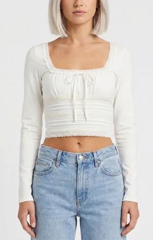 Free People Ivory Lace Trim Ruched Long‎ Sleeve Crop Top Tie Front Size Medium thumbnail 1