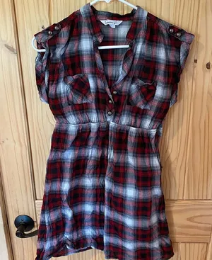 Red and Black Plaid Button-Up Dress thumbnail 1
