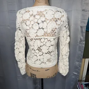 Ivory Cardigan Women XS Cream Crochet Button Front Boho Sweater Cottagecore‎ thumbnail 3