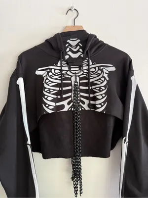 Dolls Kill Trickz N' Treatz Flesh N' Bones Reflective Skeleton Hoodie w Chains S thumbnail 2